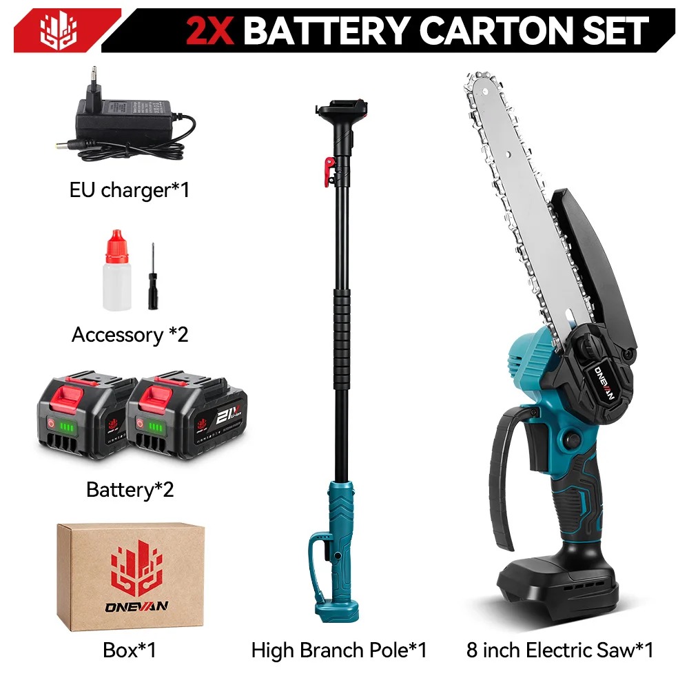 Kit de poda com motosserra elétrica, haste telescópica e tesoura de poda